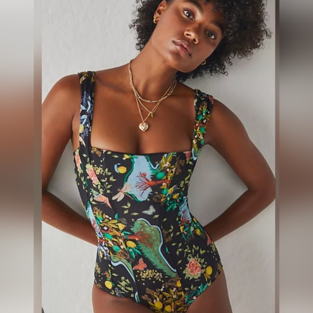 We Are HUH _ Free People Black Floral One Piece Swimsuit